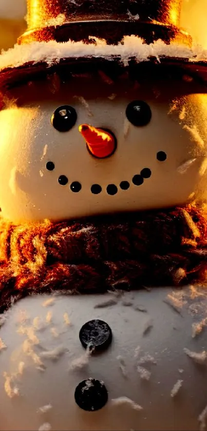 Charming snowman with top hat and scarf, glowing in festive light.