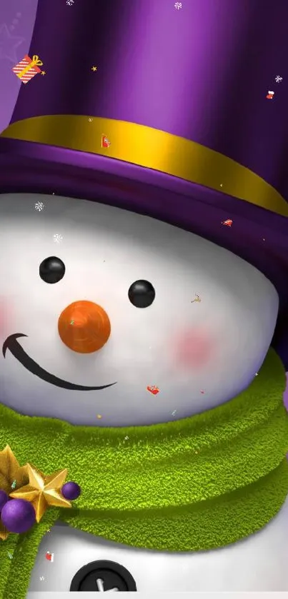 Vibrant snowman with colorful hat and scarf.