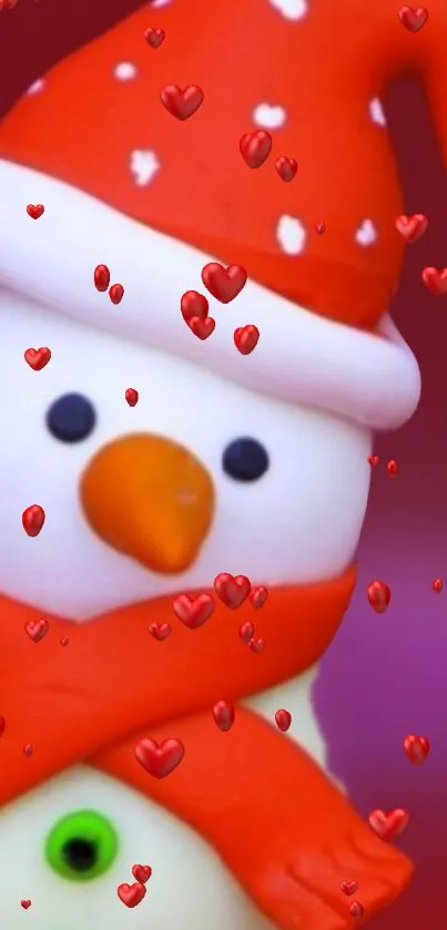 Festive snowman with red hat and hearts mobile wallpaper.