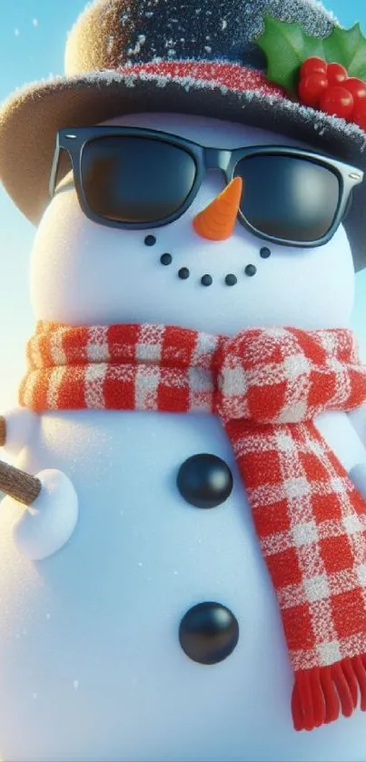 Cheerful snowman wearing sunglasses and a plaid scarf in a snowy scene.