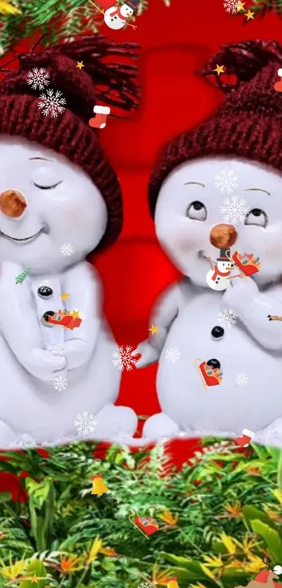 Cheerful snowmen with red hats against a festive red background.