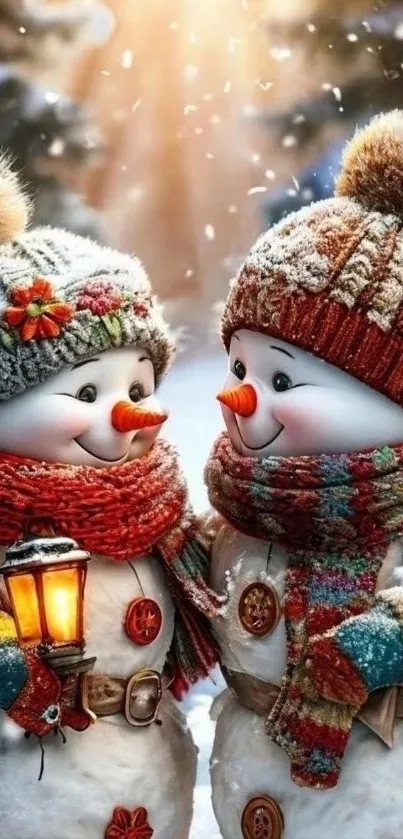 Two cheerful snowmen in winter attire with a glowing lantern in hand.