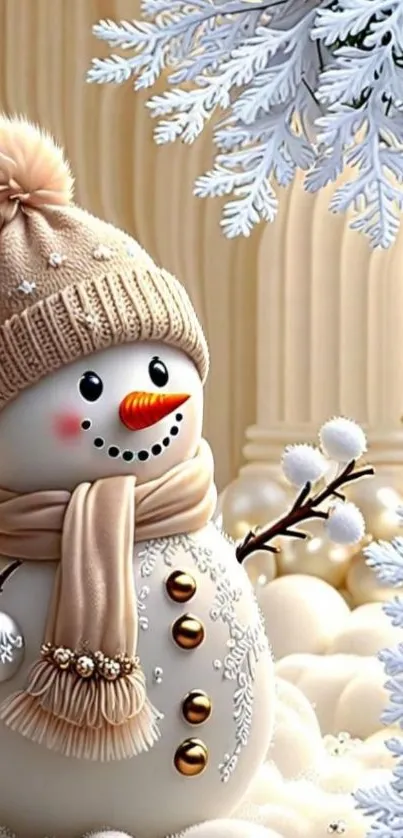 Charming snowman with hat and scarf in a winter wonderland.