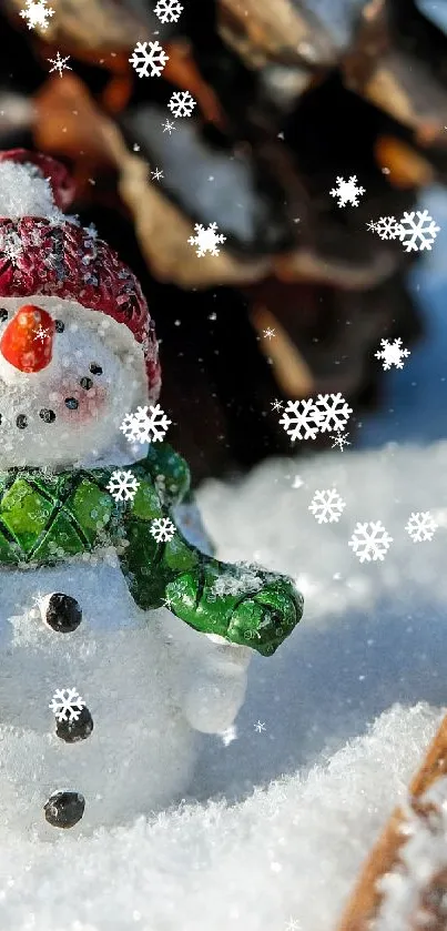 Cheerful snowman with pine cone and cinnamon in snowy setting.