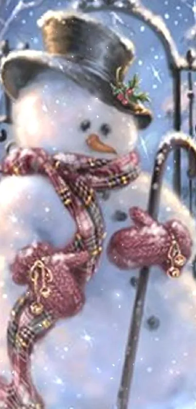 Festive snowman with top hat and plaid scarf in a snowy winter scene.