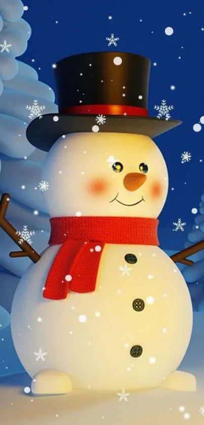 Snowman with red scarf and black hat in a snowy landscape wallpaper.