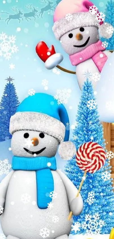 Festive snowman wallpaper with winter landscape and gifts.