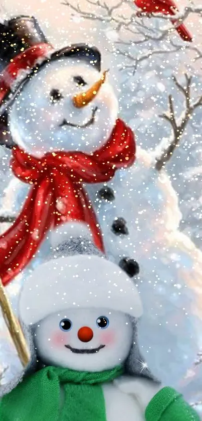 Cheerful snowman with red scarf and snowy background.