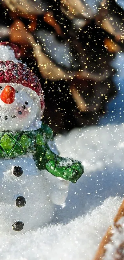 Cute snowman with pinecone and cinnamon in snow.