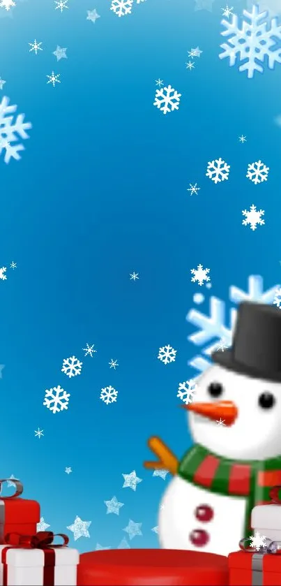 Festive winter wallpaper with snowman, gifts, and snowflakes on a blue background.