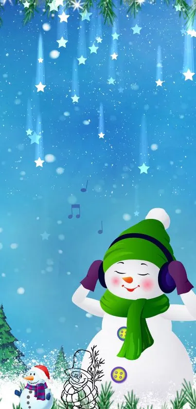 Charming snowman with green scarf on snowy blue background.