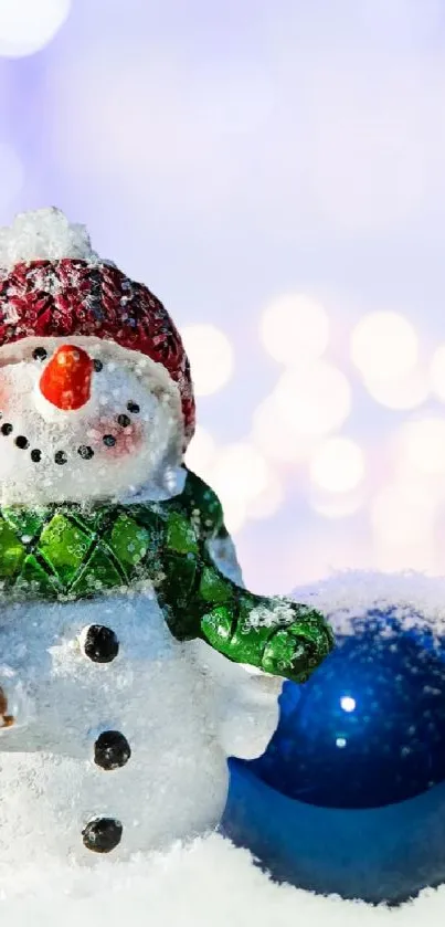 Festive snowman with ornaments in snowy winter setting.