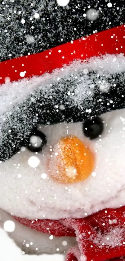 Cheerful snowman with a red scarf and snowflakes in a wintery wallpaper.