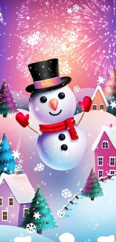 Cheerful snowman in winter scene with fireworks and snowy background.