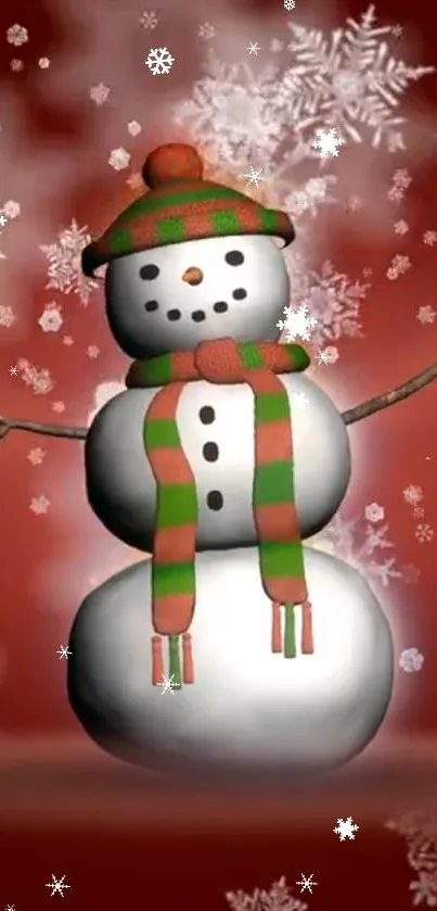 Cheerful snowman on a red winter background with snowflakes.