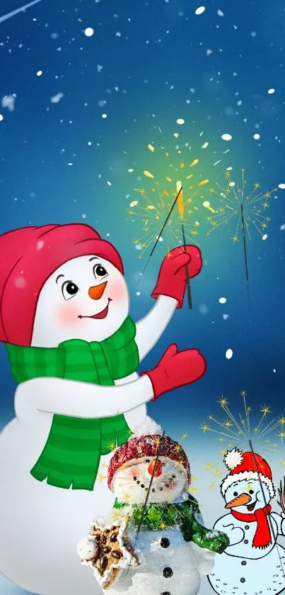 Cheerful snowman with sparklers in winter night.