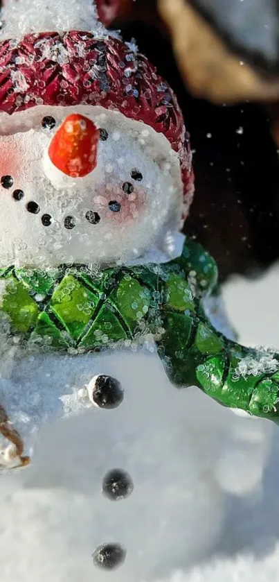 Cheerful snowman with red hat and green scarf in a snowy scene.