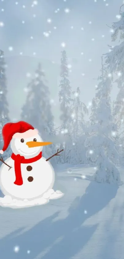 Snowman in a winter landscape with falling snow and red scarf.