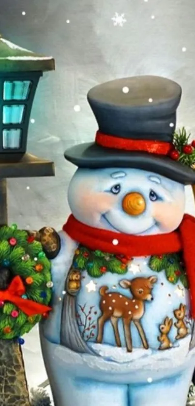 Charming snowman with festive decorations in winter setting.