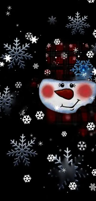 Festive snowman with plaid hat and snowflakes on a dark background.