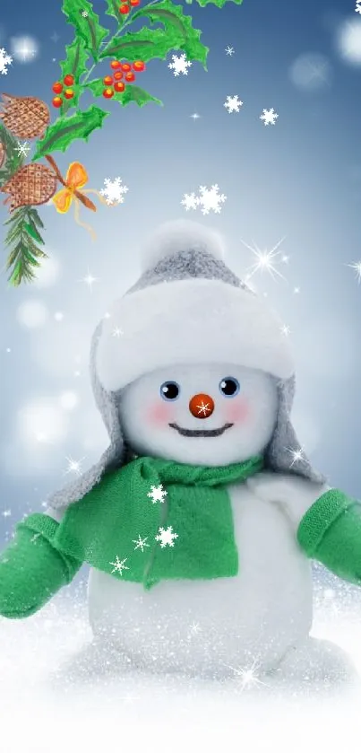 Festive snowman in snowy winter landscape with holiday decorations.