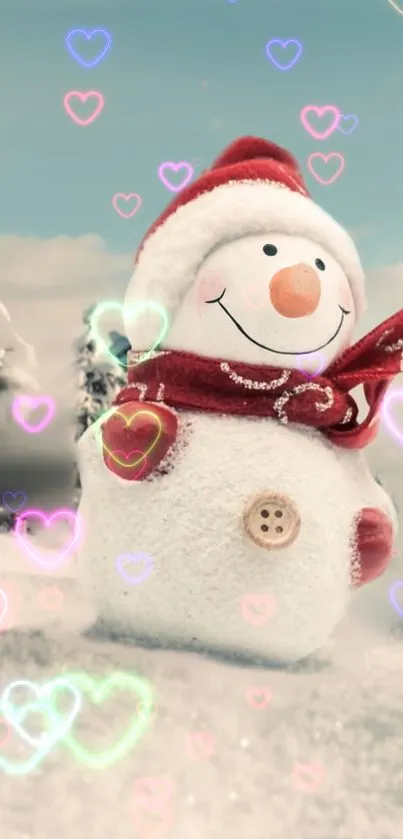 Cheerful snowman with red hat and scarf in a snowy landscape with hearts.