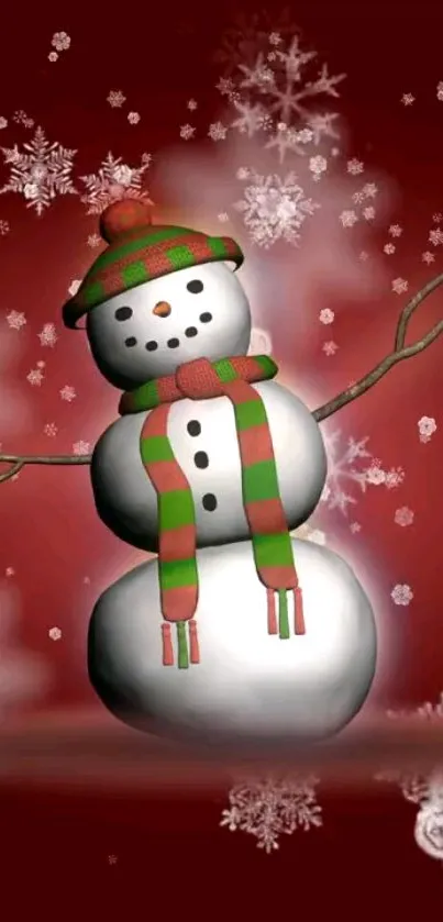 Festive snowman with scarf on red background adorned with snowflakes.