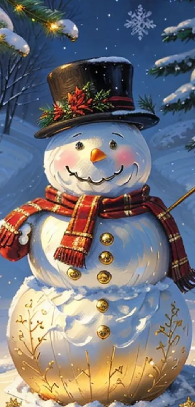 Charming snowman with a top hat in a snowy winter forest setting.