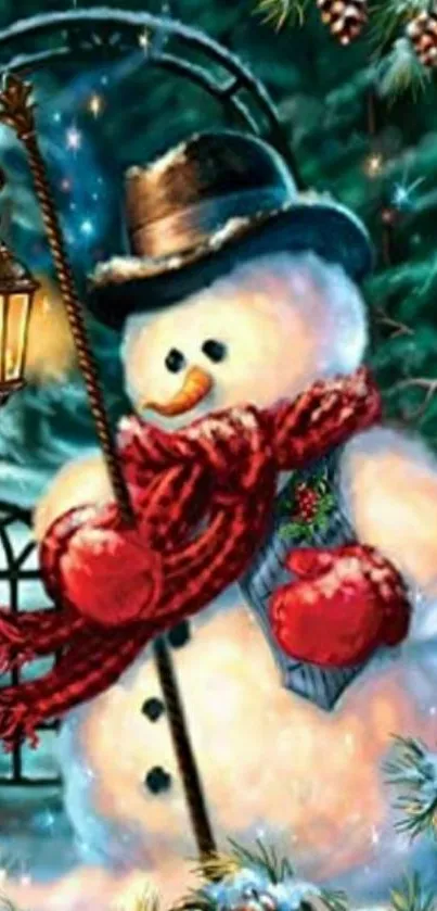 Snowman with red scarf and lantern in a winter forest scene.