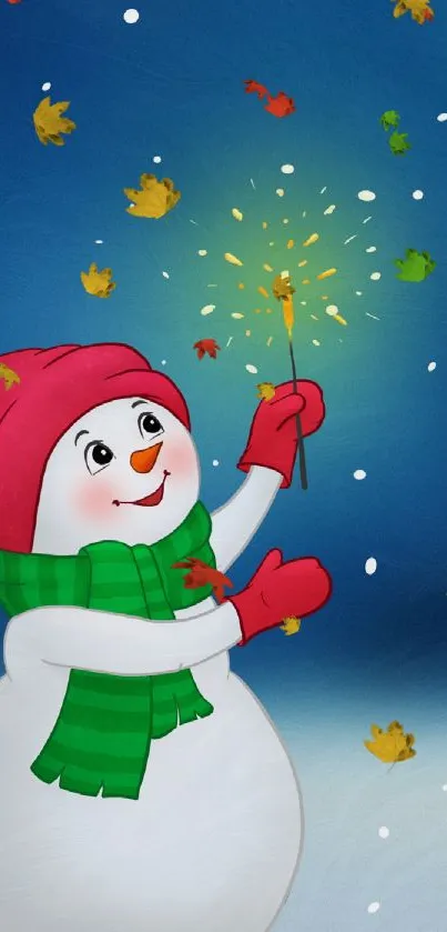 Snowman holding sparkler in a festive, colorful winter scene.