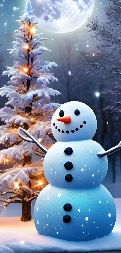 Cheerful snowman in winter wonderland.