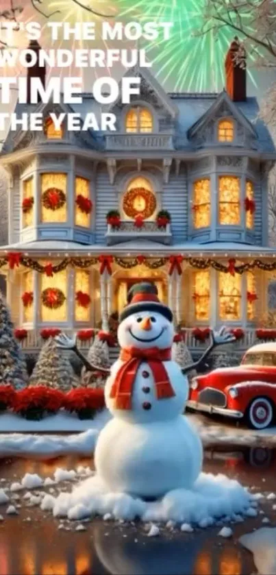 Festive snowman with holiday house and fireworks in winter.