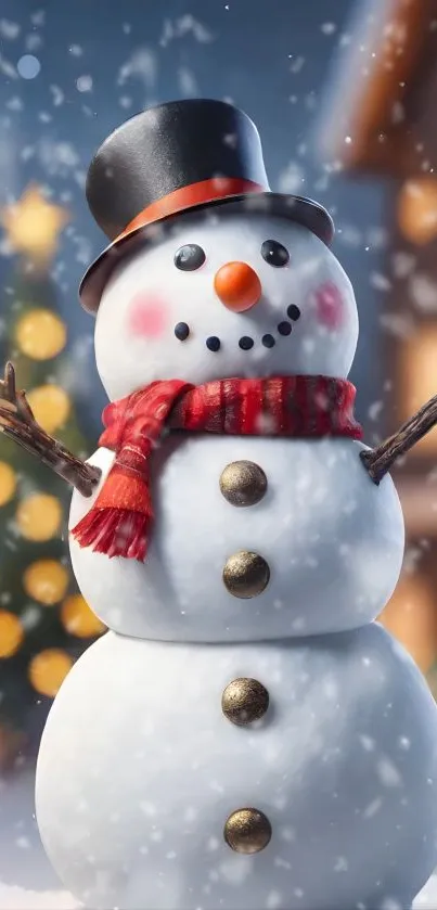 Cheerful snowman with scarf and hat in a snowy winter scene.