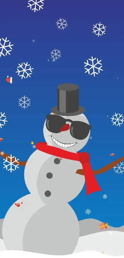 Cheerful snowman with sunglasses in a snowy winter scene.