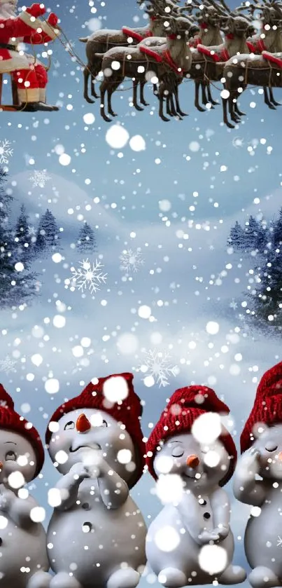 Snowmen in red hats with Santa and reindeer in snowy scene.