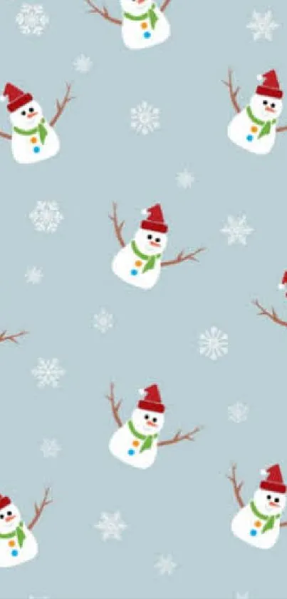 Festive snowmen with red hats on a blue snowy background wallpaper.