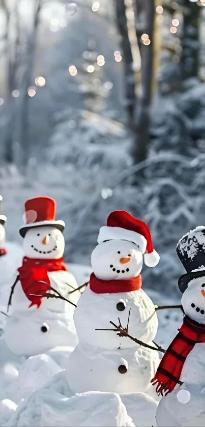 Joyful snowmen with scarves in winter landscape.