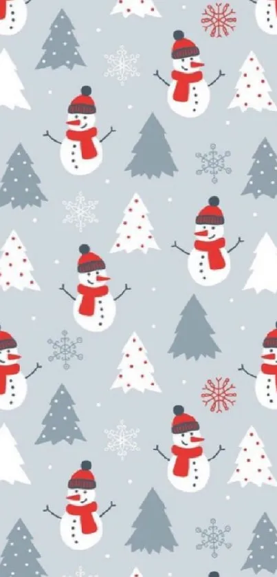 Festive snowmen and trees on blue wallpaper.