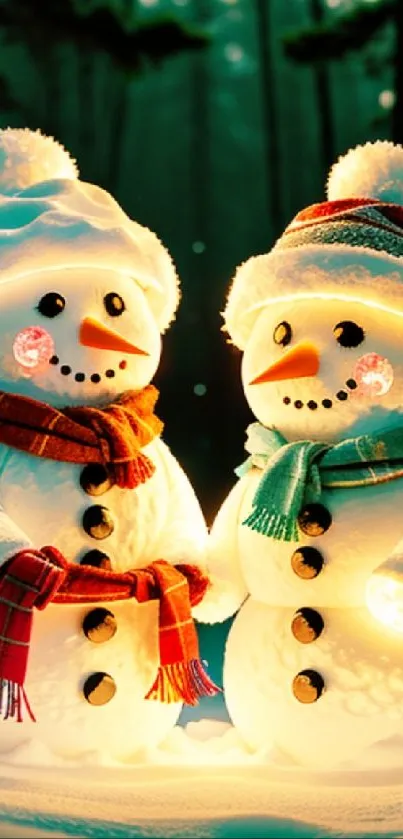 Two glowing snowmen with scarves in a snowy forest.