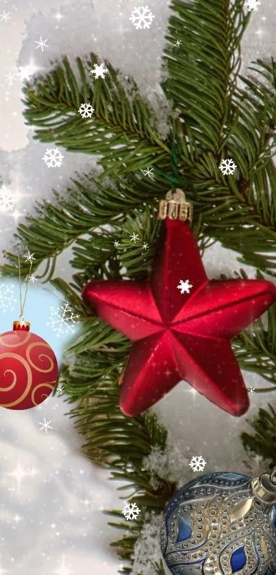 Snowy Christmas tree branches with festive ornaments.