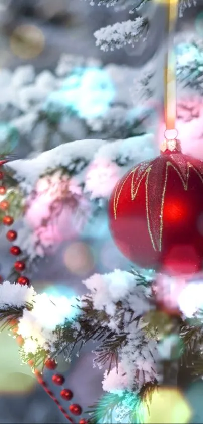 Red ornament on snowy branch with colorful festive bokeh.