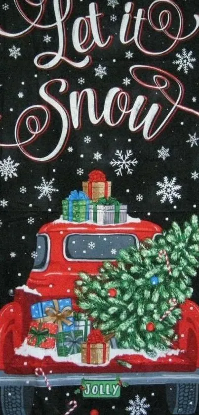 Red truck with Christmas gifts under falling snowflakes.