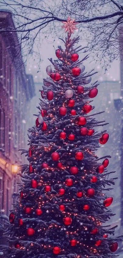 Snow-covered Christmas tree with red ornaments on a city street.