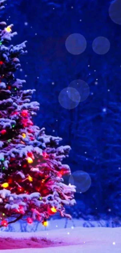 Snowy Christmas tree with colorful lights in a winter landscape.