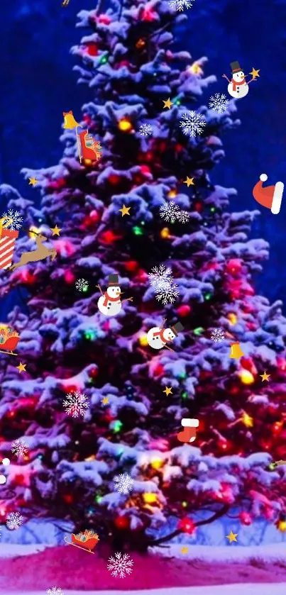 Snowy Christmas tree with colorful lights on a blue background.