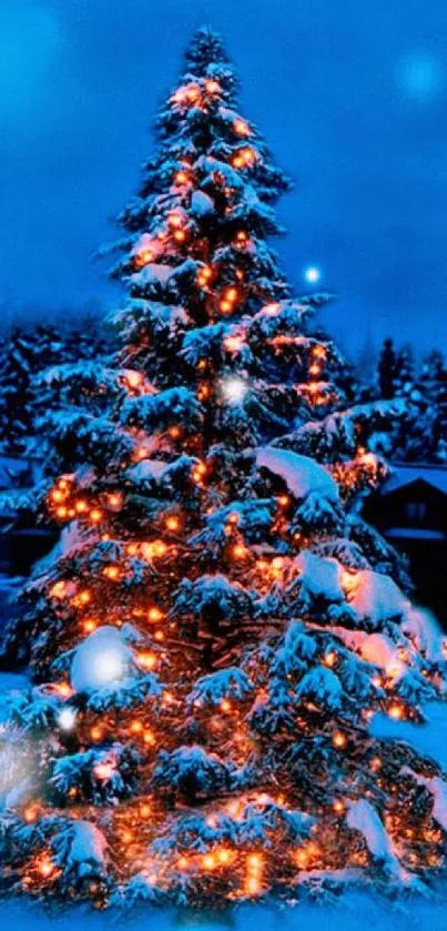 Festive snowy Christmas tree with glowing lights and a blue backdrop.