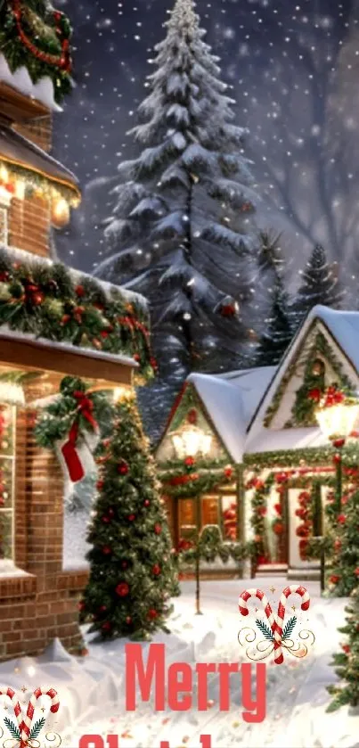 Snow-draped Christmas village with festive lighting and decorations.