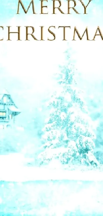 Merry Christmas wallpaper with snowy scene and light blue hues.