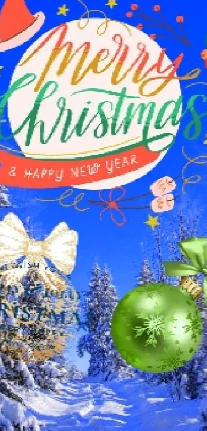 Snowy Christmas trees with festive holiday greeting.