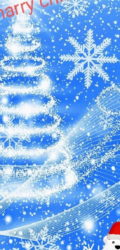 Festive blue Christmas wallpaper featuring snowflakes and a snowy tree design.